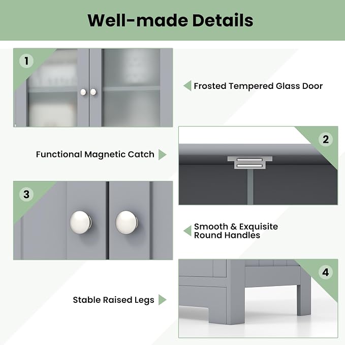 LOKO Bathroom Cabinet, Linen Storage Organizer with Doors & Drawers, Wooden Floor Cabinet with Adjustable Shelves for Bathroom, Living Room or Kitchen (Grey)