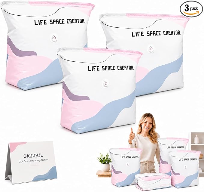No Pump Vacuum Storage Bags for Bedding 3D Compression Jumbo Press and Seal for Clothes and Blankets Large Capacity Thickened Stereoscopic Saving Space 2026 New 3pc (Medium)