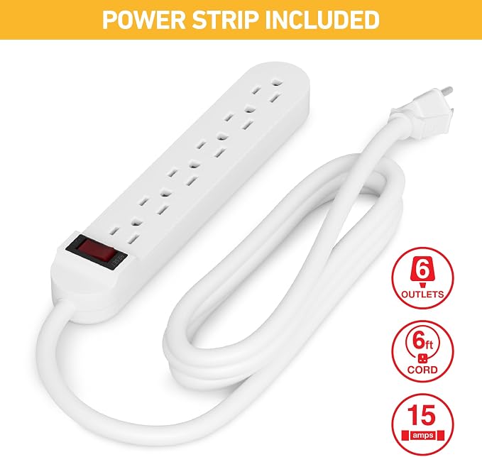 D-Line Cable Management Box with 6 AC Outlet 6ft Power Strip, Hide Extension Cords and Excess Wire Clutter, 12.75in (L) x 5in (H) x 4.5in (W) - Small, White