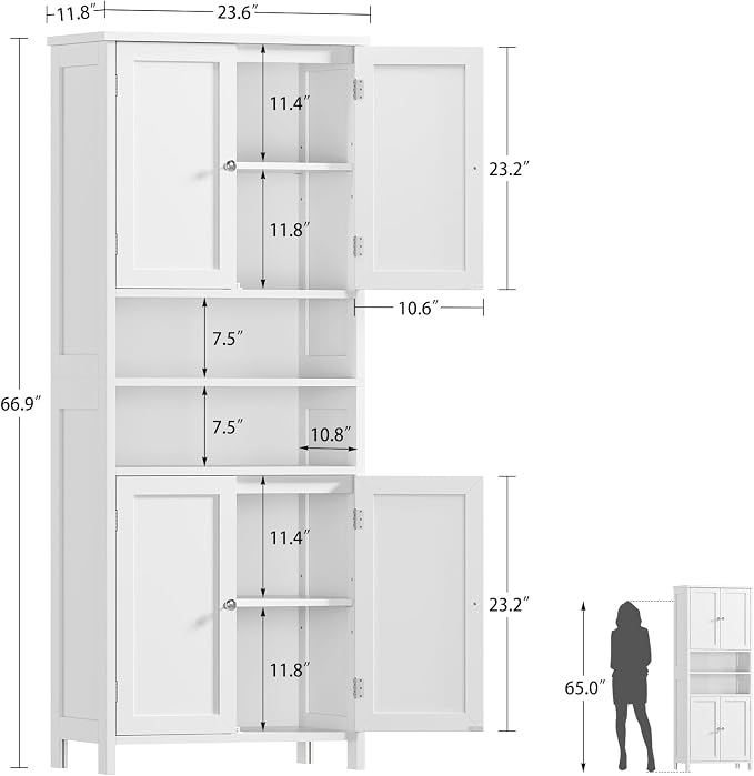 TEENFON 66.9" H Tall Bathroom Storage Cabinet with 4 Doors & 2 Open Shelves | Bathroom Cabinet with Adjustable Shelves, Large Capacity Cabinet for Kitchen, Living Room, Entryway, Laundry & Pantry, White