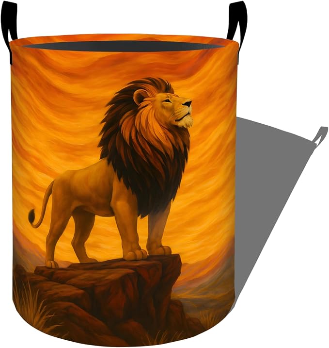 Majestic Lion Laundry Basket, Golden Mountain Rock Cliff Storage Hamper, Round Collapsible Waterproof Cloth Bin, 19.7x15.7 Inch Wildlife Art Clothes Organizer Gifts for Bathroom Decor