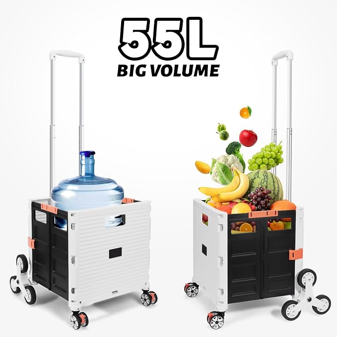 FELICON SELORSS Folding Utility Climber Cart Portable Rolling Crate-White | Stair Climbing Wheels+360°Swivel Wheels,Telescoping Handle,Plastic Box Dolly for Travel Shop Move Laundry Office Teacher Use