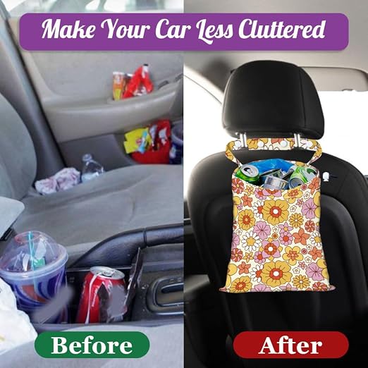 Small Flowers Strap Drawstring Car Trash Bag Hanging Garbage Bag with Snap Buttons Car Back Seat Trash Storage Portable Dustbin Vehicle Trash Can Bag for Vehicle Travel Camping