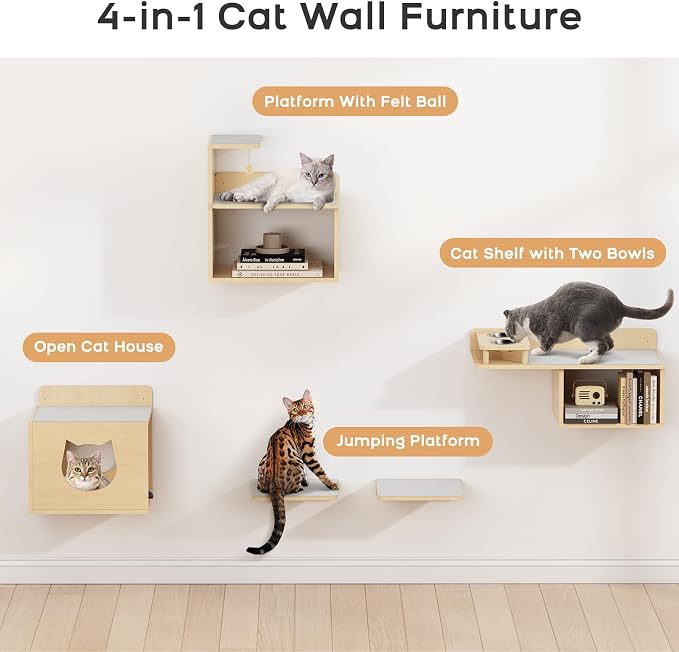 Cat Wall Shelves with Storage, Modern Floating Cat Shelves for Playing, Set of 5 Levels, Wood Color, Wall Mounted Cat Furniture and Perch, Cat Climbing Wall with Two Bowls