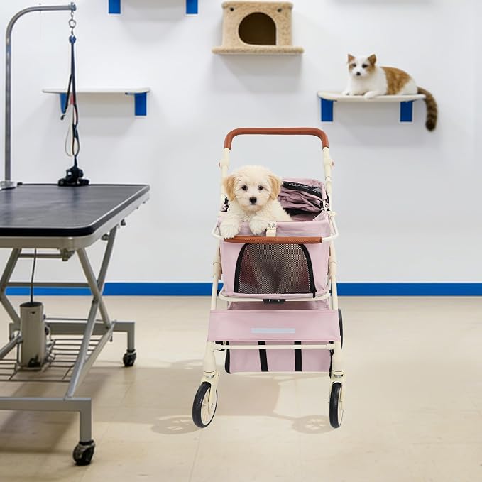 Foldable Double Tier Pet Cart, 360° Swivel Wheel Travel Carrier, Pink | Breathable Oxford Cloth Carbon Steel Frame, Brake Wheels & Pet Friendly Windows For Dog Cat Outdoor Walk Trip