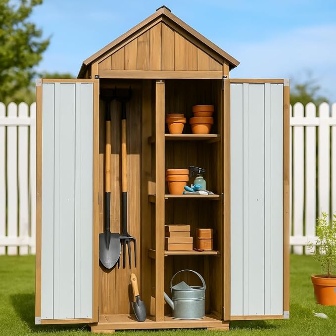 Ketive Outdoor Storage Cabinet, Wood & Metal Storage Shed with Weather-Resistant Roof, Adjustable Shelf, Lockable Doors & Adjustable Feet, for Garden, Patio, Backyard, 27.5" x 13" x 67"