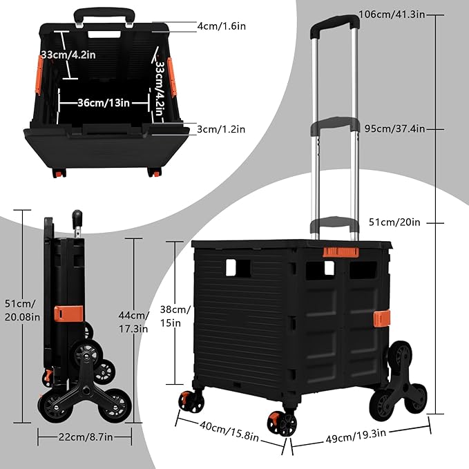 Foldable Utility Cart Portable Crate Rolling Dolly with Telescopic Handle,Can be Pulled diagonally, Magnetic Retractable Lid, 360°Swivel Climbing Wheels for Shopping Carrying Groceries Move Black