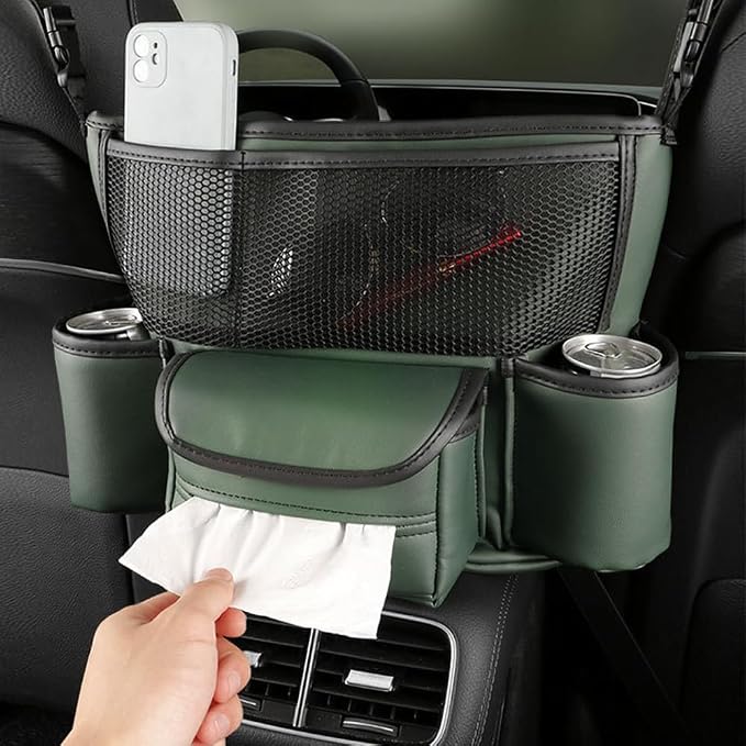 Car Handbag Holder Between Seats, PU Leather Large Capacity Car Purse Holder for Front Seat, Seat Back Net Bag Double-sided Tissue Storage Handbag Holder Car Accessories (Army Green)