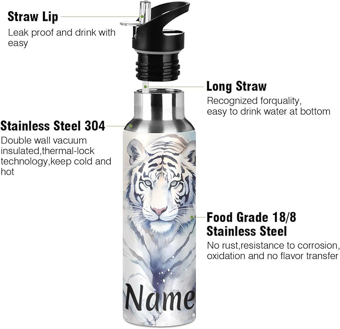 Custom Name Tiger Walk Water Bottle with Straw Lid Kids Insulated Stainless Steel Water Flask Sports, 20 Oz Hot Cold