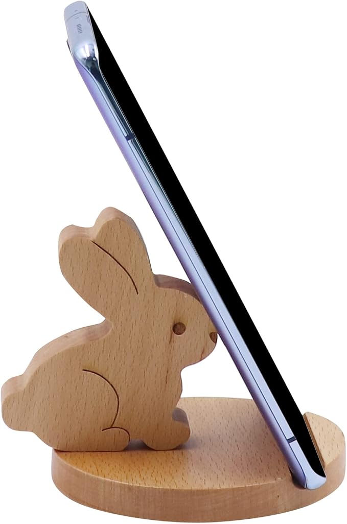 Cute Bunny Cellphone Stand Holder Wooden Smartphone Desk Holder for All Mobile Phones Animal Phone Stand Desk Ornament