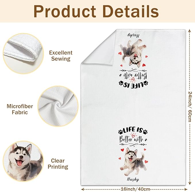 WwongxianB Husky Kitchen Towels Decorative Set of 2, Funny Tea Towel Hand Towels Highly Absorbent Soft Dish Cloths 16x24 Inches, Bathroom Dining Room Decor, Siberian Husky Gifts for Dog Lovers -10