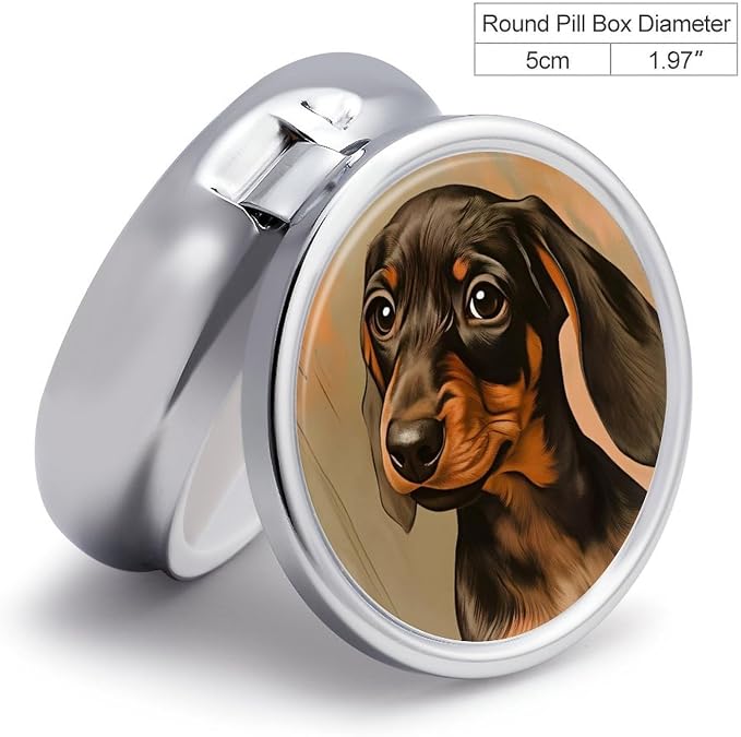 Dachshund Puppy Metal Pill Organizer with Mirror, 3-Compartment Travel Pill Box, 2-Inch Round Pocket Medicine Case with Secure Latch, Portable Vitamin Holder for Women & Men