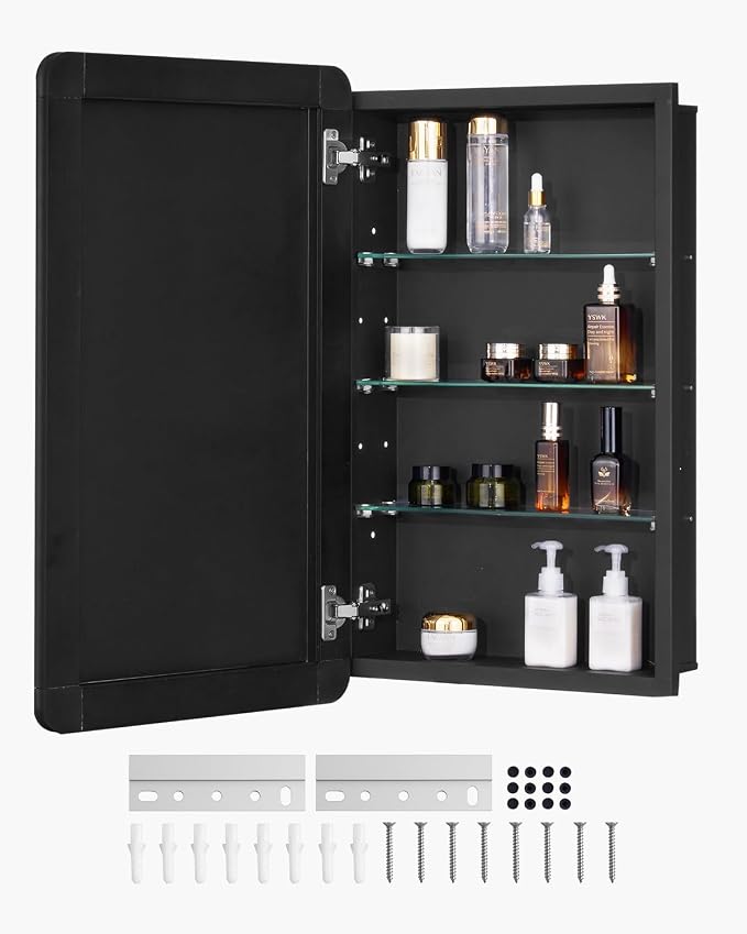 VEVOR Medicine Cabinet, 16.5 x 27.5 inch, Medicine Cabinet for Bathroom with Mirror, Aluminum Frame Bathroom Wall Cabinet, 3-Layer Adjustable Shelves, Recessed & Wall-Mounted Installation