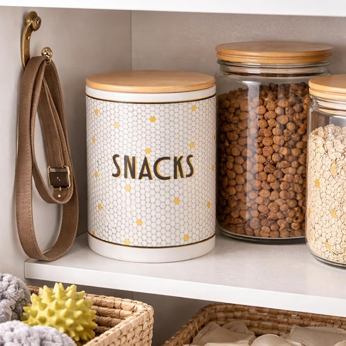 Pearhead Ceramic Dog Treat Jar with Wooden Lid – Bistro Tile Dog Biscuit Container for Countertop, Airtight Stoneware Pet Treat Storage Canister for Puppy Treats & Training Rewards (Pack of 2)