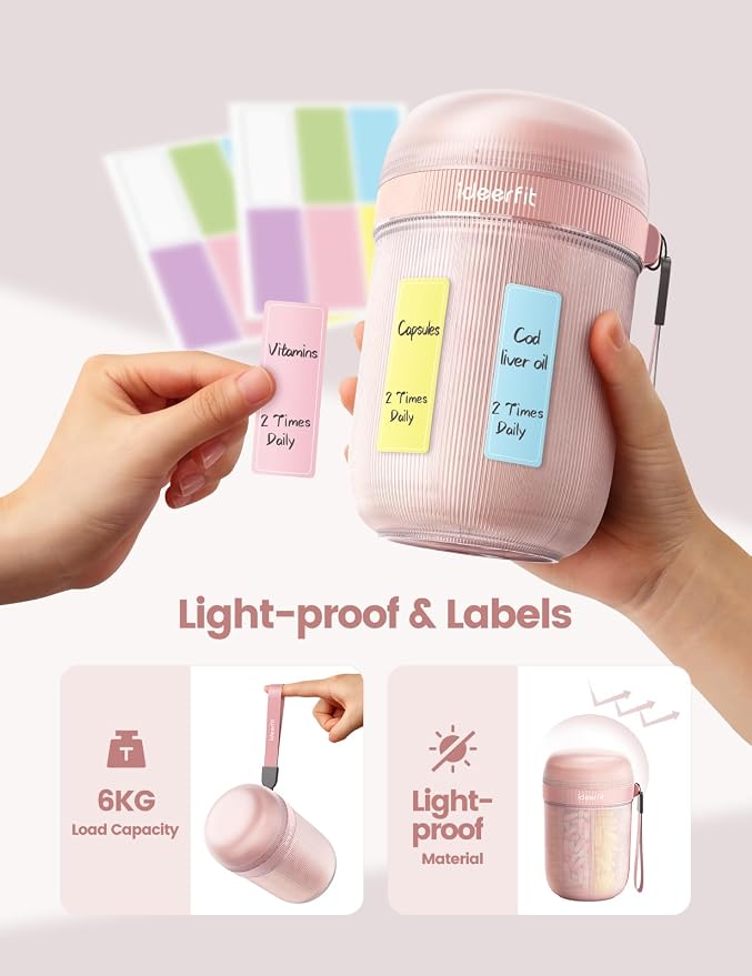 Large Pill Organizer with Desiccant, 7-Compartment Pill Bottle | Light-Proof, Moisture-Proof, Anti-Mixing, Touch-Free Pill Dispenser, Sealed BPA-Free Vitamin Organizer with Handle, Pink