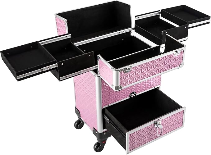 Rolling Makeup Train Case with Drawers, Cosmetic Travel Trolley, Storage Sliding Drawer 4 Tray Cosmetics Beauty Organizer Lockable Luggage Trolley w/ Wheels for Makeup/Nail Art/Hair Styling (Pink)