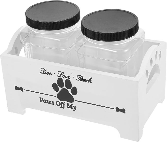 Wooden Dog Food Storage Box with 2 Canisters, Airtight Pet Treat Jar Holder and Snack Organizer, White Solid Wood Crate for Home Countertop Use