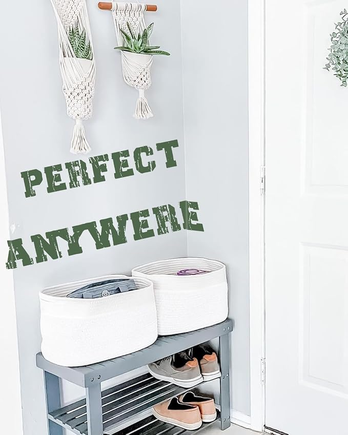 CHAT BLANC Cotton Rope Baskets for Organizing, Shelves, Toys, Storage, Shoe, Bathroom, Laundry, Towel, Nursery, Home Decor, Blanket, Cloth Woven Bins Fabric (Creamy White, 15"x10"x9")