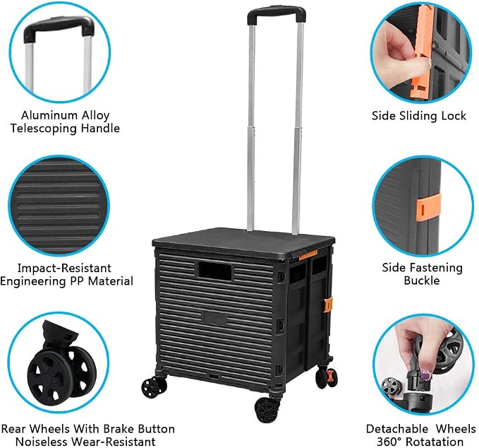 FELICON SELORSS Foldable Utility Cart Folding Portable Rolling Crate-Black | Durable,Heavy Duty,Plastic Box,Telescoping Handle,4 Rotate Wheels,Collapsible Handcart for Travel Shop Move Luggage Office