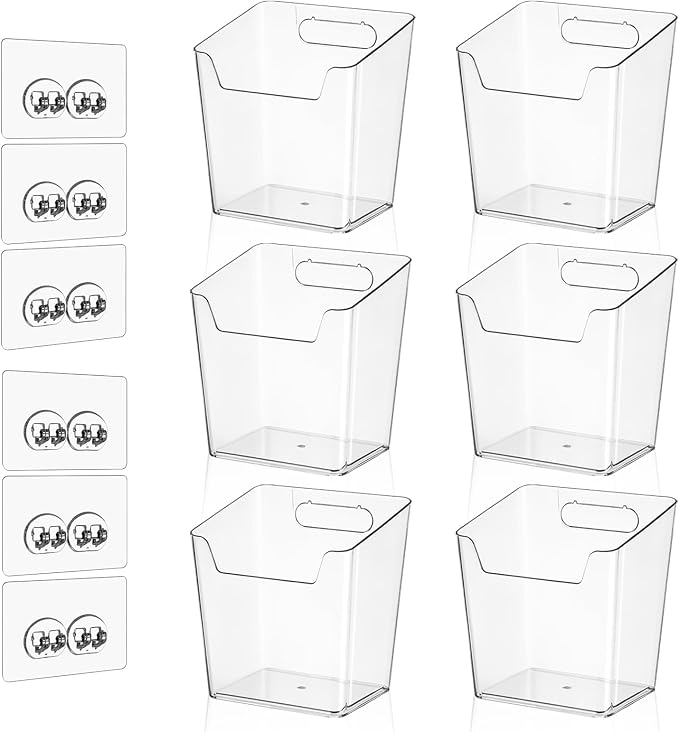 Clear Acrylic Pen Holder, 6 Pack Cabinet Door Organizer Adhesive, Bathroom Wall Mount Caddy Kitchen Plastic Storage Bin Box for Office Marker,Art Supply, Small Cleaning Supply, Seasoning Drink Packet