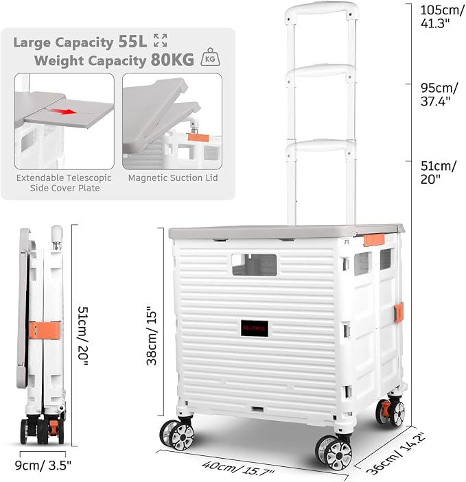 Foldable Utility Cart Collapsible Portable Crate Rolling Carts with Wheels Tote Basket with Magnetic Lid Telescopic Cover Wear-Resistant 360°Rotate Wheel Noiseless for Shopping Storage Office Use