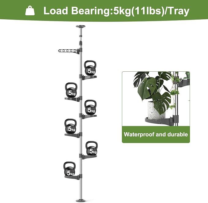 BAOYOUNI 7-Tier Plant Pole Tension Rod Expandable Flower Stand Grey | Adjustable 7.5-9.5ft Corner Storage Shelf,6 Trays + Hanger，360° Rotating Plant Display Rack ,No Tools Assembly