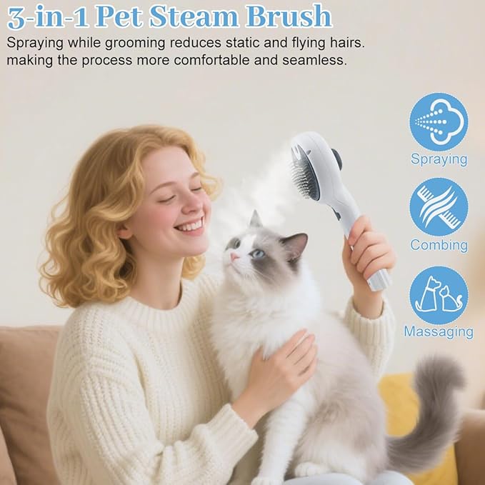 Pet Steam Brush for Dog & Cat, 3-in-1 Steam Grooming Comb - Dog Steam Brush for shedding, Brushes for Indoor Cats Steam for Shedding Hair Clean Hair Removal Comb, 1*Waterless Shampoo