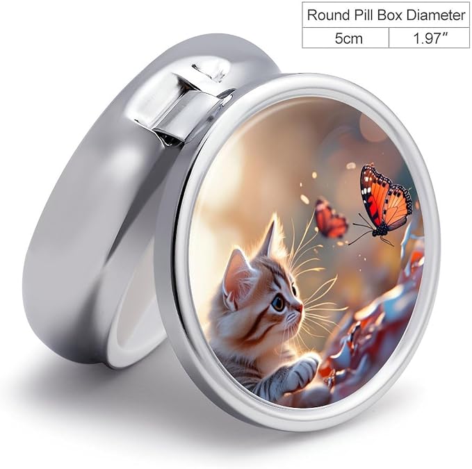Kitten with Butterfly Metal Round Pill Box, 3 Compartment Travel Organizer, Portable Pill Container with Secure Latch, 2 Inch Circular Vitamin Caddy for Pills and Vitamins, Gift for Him Her Elderly