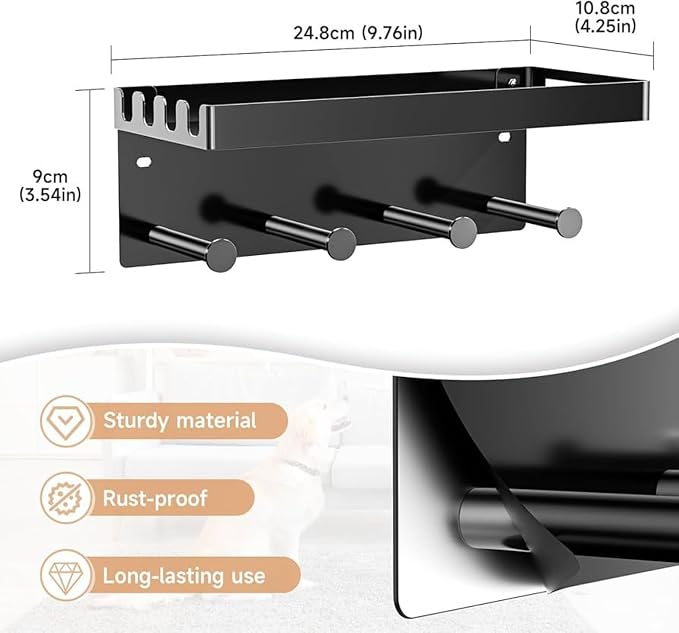 YWHWXB No Drill Dog Leash Holder Wall Mount, Pet Hooks & Shelf (Black) | Heavy-duty metal structure All-in-one entryway organizer Multi-scenario use Hassle-free setup & care