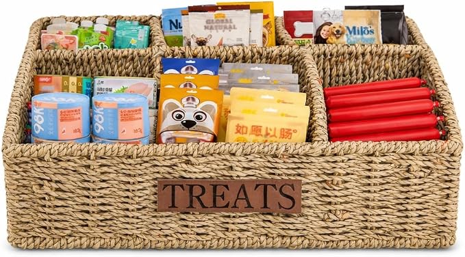 Bratod Dog Storage Organizer Wicker Basket,Dog Treat Container Bin for Countertop,Pet Treats Box with Dividers,Dog Cat Can Food Storage Bin,Pet Treat Station-Natural Woven Seagrass
