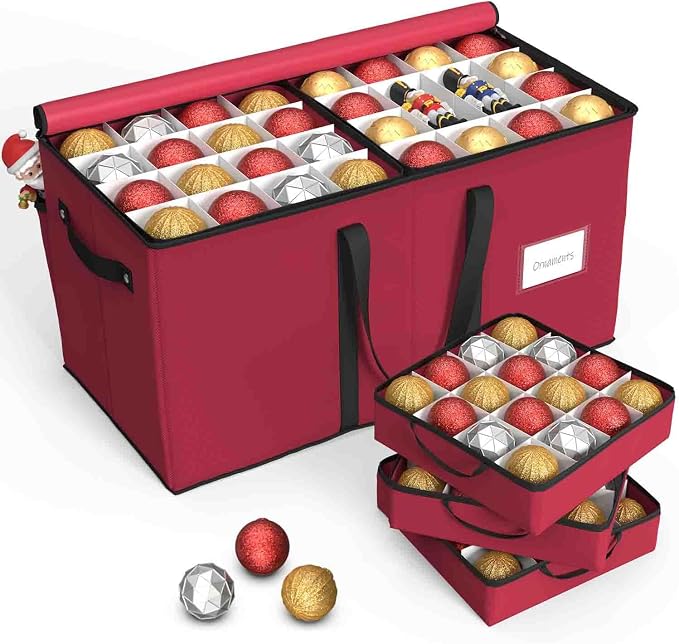 Sunvigor Christmas Ornament Storage Box with 8 Trays, Fits 128 Holiday Ornament Christmas Storage Container with Adjustable Dividers, Dual Zippers, 600D Oxford Christmas Decorations Storage(Rose Red)