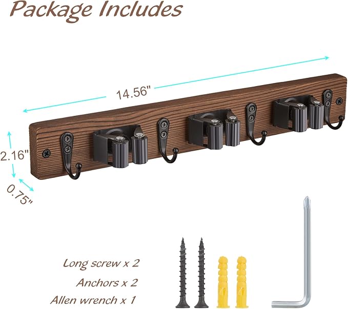 OUTNILI Mop Broom Holder Wall Mount with 3 Slots & 4 Hooks - Wood Broom Mop Hanger for Pantry Kitchen Organization - Garden Tool Organizer for Closet Laundry Room - for Rustic Farmhouse Kitchen Decor