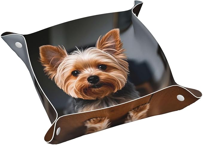 LeatherJewelry Valet Tray for Women Men, Portable Travel Catchall Tray Organizer Dish Plate Cute Pet Yorkie Bedside Vanity Tray Nightstand Caddy Holder for Wallet, Key, Coin