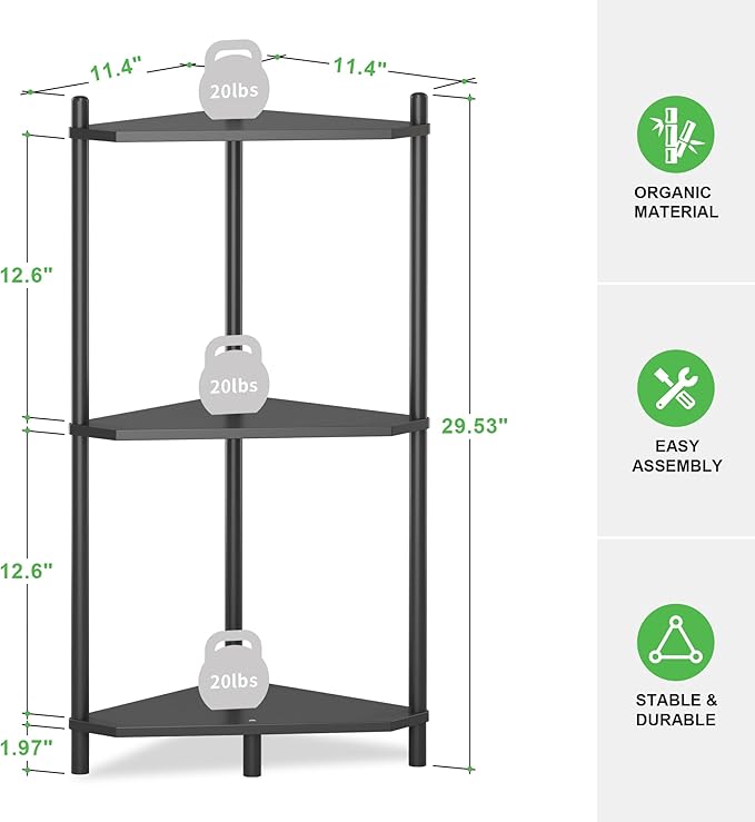 Wisuce Black Small Corner Shelf Stand, 3-Tier Bamboo Corner Bookshelf | Space-Saving Narrow Corner Shelf | Bathroom Corner Shelf | Shelves for Bedroom, Living Room, Kitchen & Plant Display