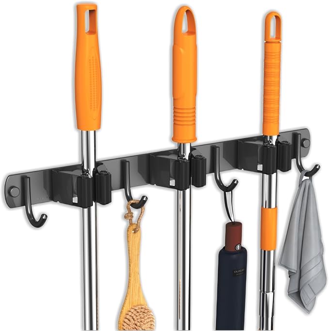 CUXIXA Mop and Broom Holder Wall Mount, Upgraded Broom Organizer Wall Mount, Stainless Steel Broom Hanger Wall Mount for Kitchen Garden Laundry Room Decor (3 Racks with 4 Hooks Black)