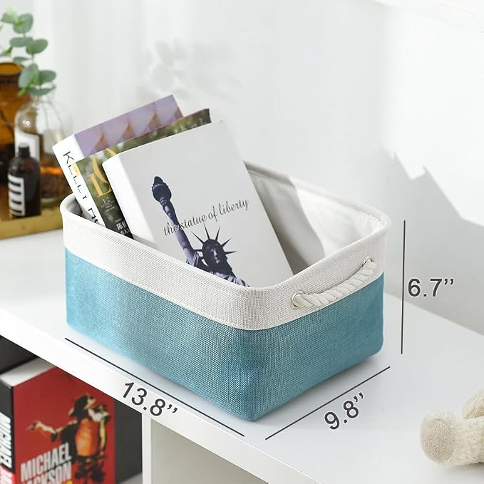 Fabric Storage Bins Baskets for Organizing,Sturdy Storage Basket W/Handles, Decorative Foldable Storage Baskets for Shelves Closet Nursery Toy (White&Teal, Medium - 3 Pack)