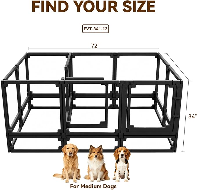 FlexiSpace Adjustable Clear Dog Play Pen, Expandable & Stackable Acrylic Dog Playpen, ONLY Dog Play Pen Indoors Grow with Your Pet Puppy Playpen (Black, 34", 12 Panels)