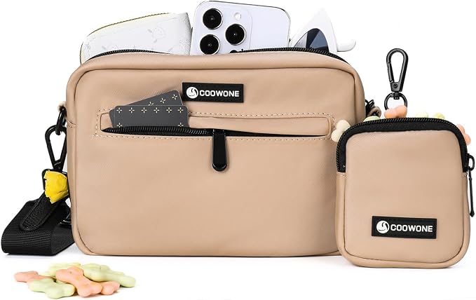 Dog Treat Pouch with Removable Small Pet Training Treat Pouches, Built-in Poop Bag Dispenser, Adjustable Shoulder Strap Cross Body Dog Walking Bag (Coffee)
