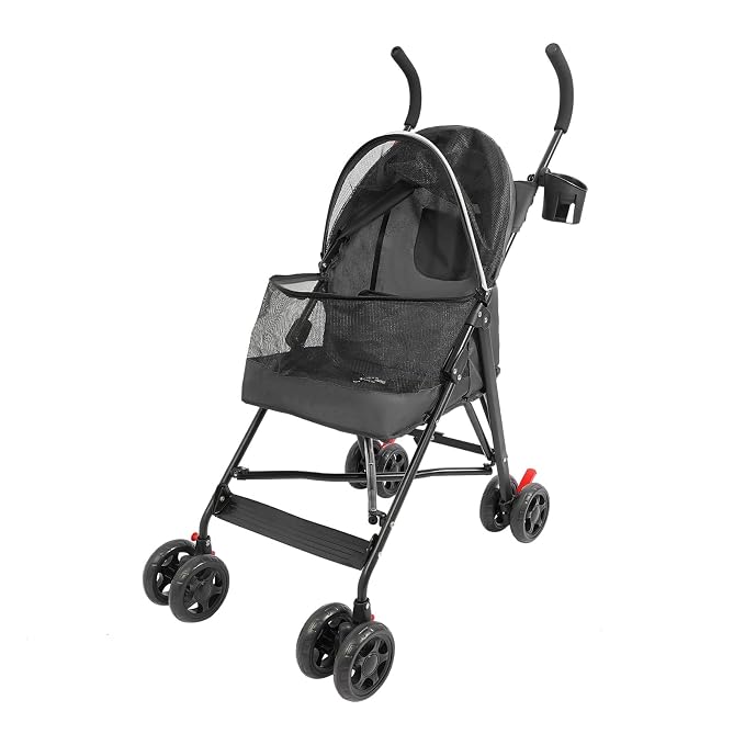 4 Wheels Pet Stroller with Waterproof Cover | Easy-Fold Travel Carrier | Pet Strolling Cart for Small/Medium Dogs and Cat | with Storage Pocket, Cup Holder & Breathable Mesh | for All-Season (Black)