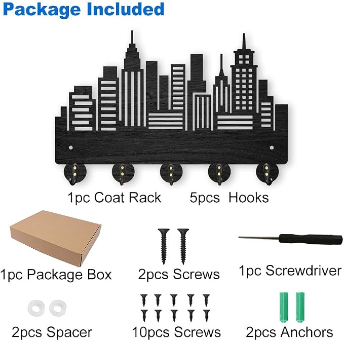 MAYJOYDIY Wood City Skyscraper Coat Rack Wall Mount 11.8×7.9inch Modern City Building Key Holder for Wall 5 Alloy Hooks Wall Art Decor Black Hook Rack for Office Entryway Living Room Gift