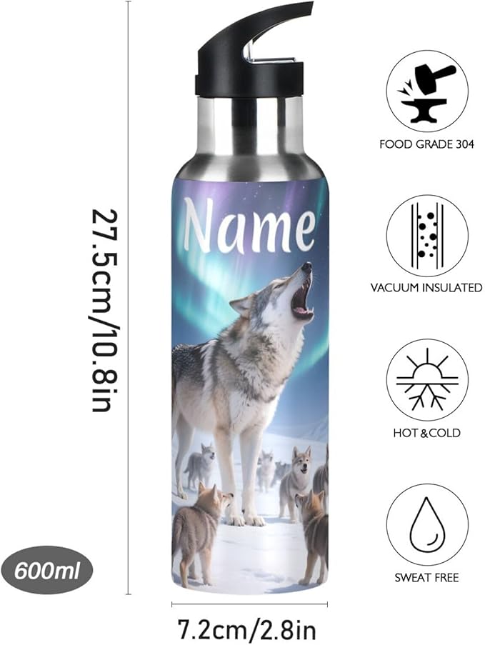 Custom Name Wolf Aurora Water Bottle with Straw Lid Kids Insulated Stainless Steel Water Flask Sports, 20 Oz Hot Cold