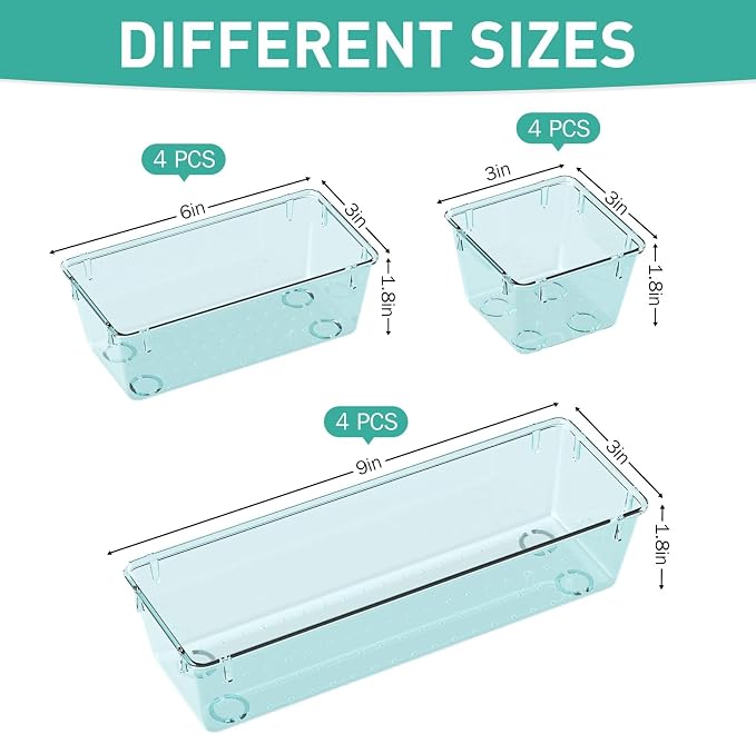 12 Pack Clear Drawer Organizer Set, Drawer Storage Trays, Storage Bins | Acrylic Drawer Storage Trays, Storage Bins for Makeup, Cosmetics, Jewelries, Utensils, Gadgets, Office
