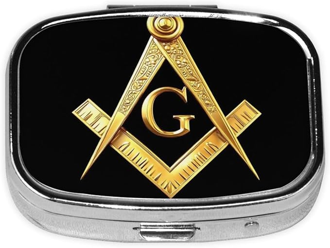 Gold Freemason Freemasonry Masonic Pill Organizer Travel Portable Compact Pill Box 2 Compartments Pill Case for Vitamins/Fish Oil/Meds for Purse Pocket