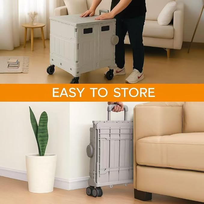 Foldable Utility Cart, Portable Rolling Crate with 360° Rotating Wheels, Detachable Lid,Telescoping Handle, Collapsible Trolley for Travel, Office, Grocery, and Storage (Extra Large Gray)