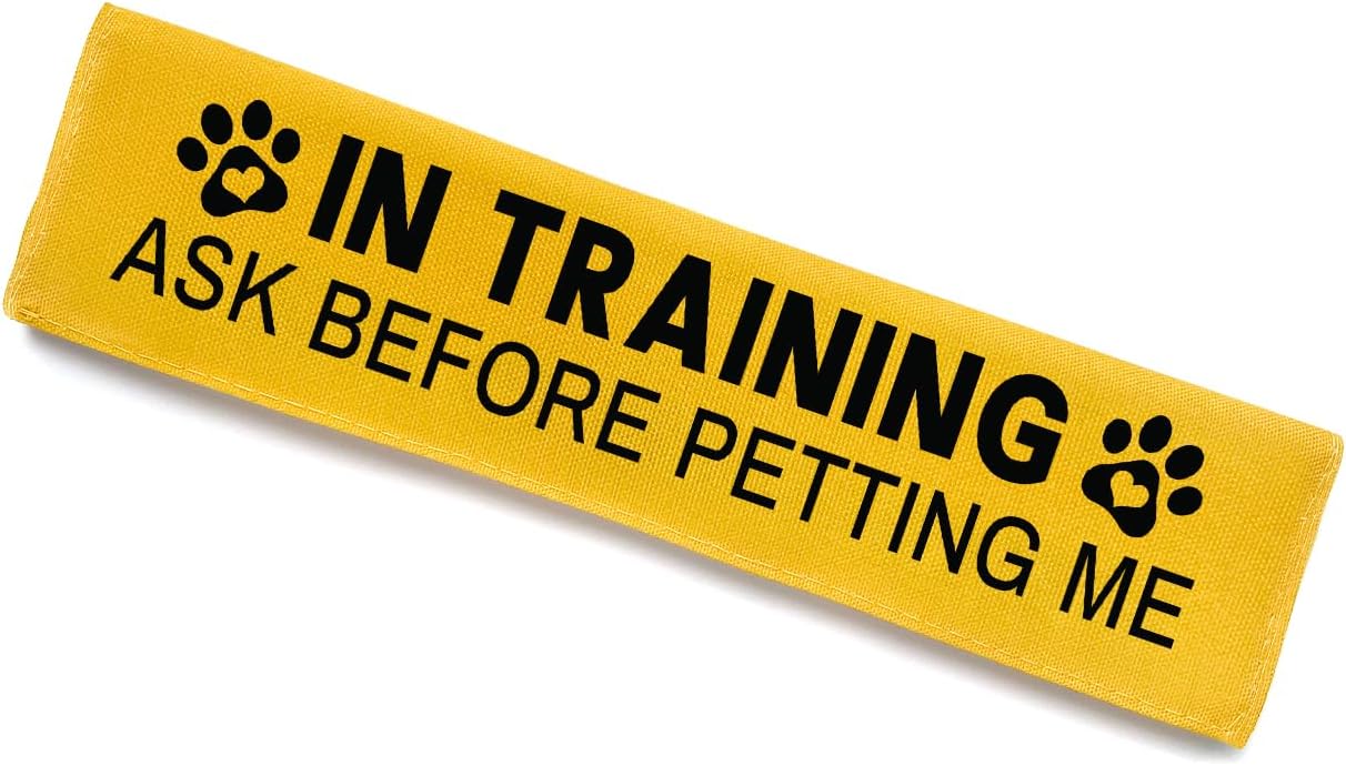 in Training Dog Leash Sleeve - Funny Yellow Alert Wrap with Hanging ID Patch | Ask Before Petting Service Dog Accessory, Perfect Pet Birthday Gift for Dog Owners