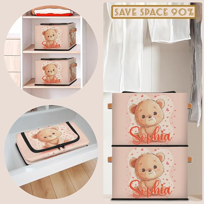 Custom Cute Bear Storage-Bin With Zipper Lid for Kids-Girls-Boys-Baby-Pet,Personalized Name Foldable Storage Box with Handle,Baby Basket With Label for Bedroom Nursery Toy Clothes,Pink