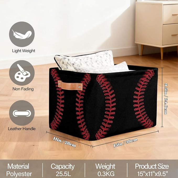 Storage Baskets Bin, Black Baseball Red Stitching Collapsible Canvas Fabric Storage Bin Decorative Baskets Toy Organizer Rectangle Storage Boxes with handles for Home Shelves Nursery,1Pack,C-04