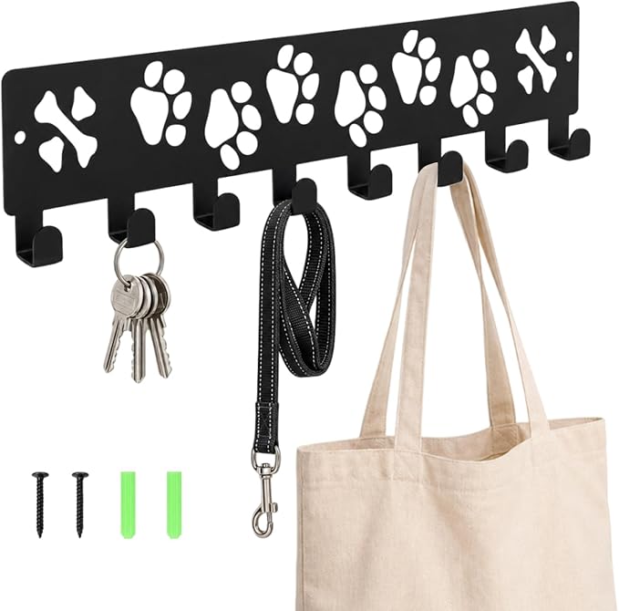 Dog Leash Holder for Wall, Key Holder Wall Mount, Cat Paws Design Metal Rack with 8 Hooks, Multi-Purpose Organizer Rack for Dog Leashes, Pet Collars, Toys, Treats & Household Keys