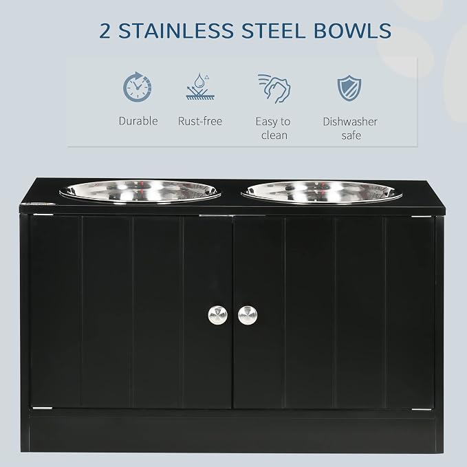 PawHut Large Elevated Dog Bowls with Storage Cabinet 44L Capacity Black | Raised Dog Bowl Stand, Pet Feeding Station
