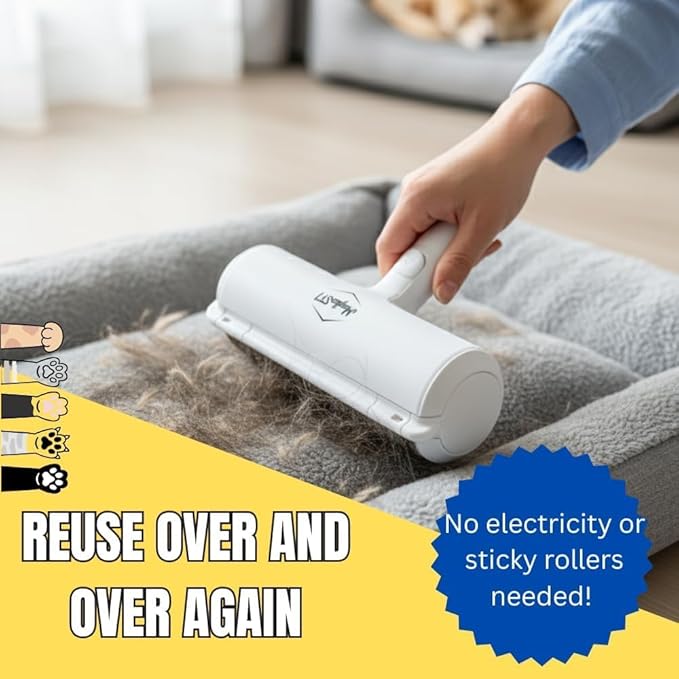 Pet Hair Remover Roller | Reusable Lint Roller for Dog & Cat Hair | Multi-Surface Fur Remover for Furniture, Couch, Carpet, Clothes & Bedding | Portable, Eco-Friendly Cleaning Tool (White)